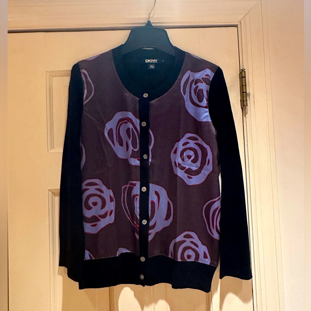 DKNY 3/4 Sleeve Floral Print Silk Cardigan